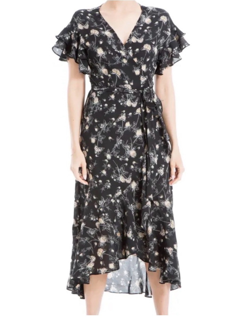 Max Studio Black Floral High-Low Wrap Dress